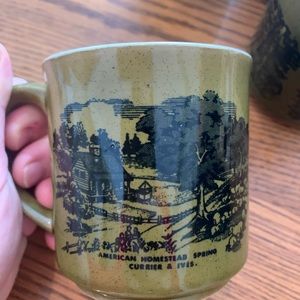 Vintage Currier & Ives Green Cup w/Blue Design American Homestead Spring (x5)